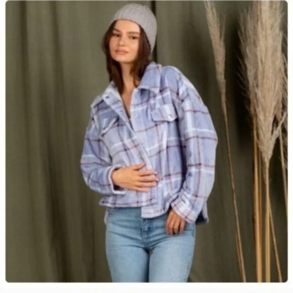 ✨CASUAL COZY FUZZY PLAID SHIRT- JACKET-SHACKET- Hi-Low--NEW - Picture 5 of 5